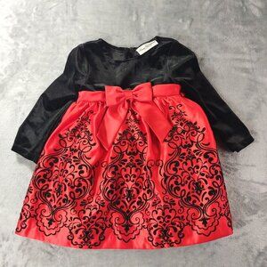 Rare Editions Girls Red Black Velvet Satin Holiday Dress Size 5 Flocked Bow Form